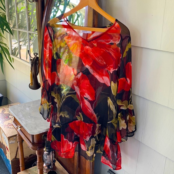 Cross tree Lane Sheer Floral Blouse Peasant Romantic Style Top - Picture 1 of 6